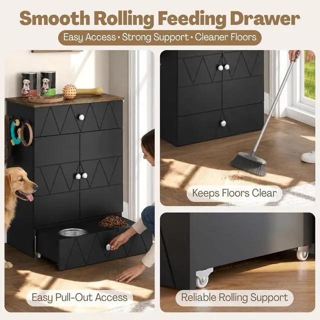 Alt view image 5 of 7 - Dog Feeding Station with Storage Cabinet, Hidden Pull-Out Elevated Dog Bowls, Stainless Steel Feeding Drawer, Adjustable Shelves & Hooks, Modern Pet Food Storage Organizer for Dogs (Black)