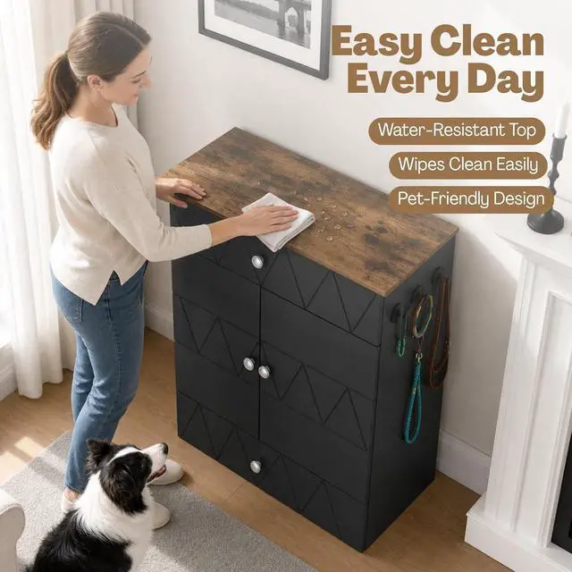 Alt view image 6 of 7 - Dog Feeding Station with Storage Cabinet, Hidden Pull-Out Elevated Dog Bowls, Stainless Steel Feeding Drawer, Adjustable Shelves & Hooks, Modern Pet Food Storage Organizer for Dogs (Black)