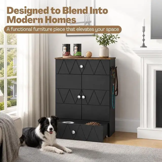 Alt view image 7 of 7 - Dog Feeding Station with Storage Cabinet, Hidden Pull-Out Elevated Dog Bowls, Stainless Steel Feeding Drawer, Adjustable Shelves & Hooks, Modern Pet Food Storage Organizer for Dogs (Black)