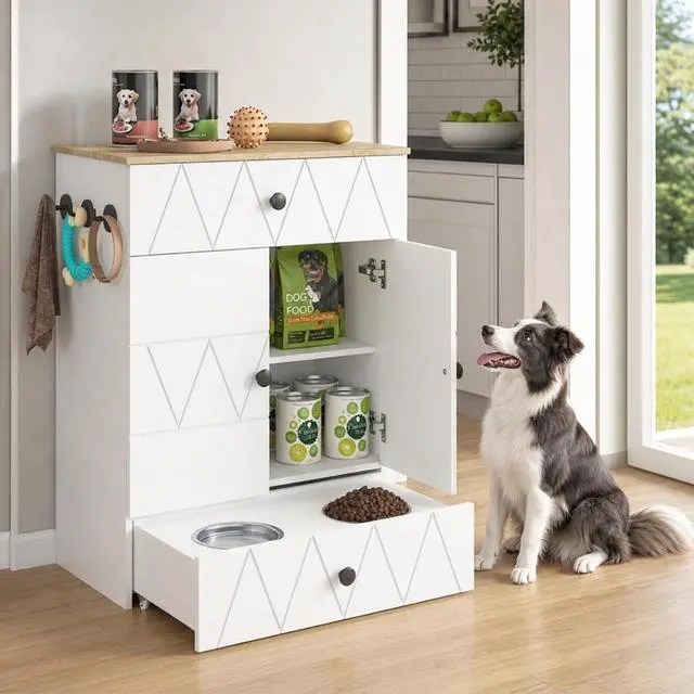 Main image of Dog Feeding Station with Storage Cabinet, Hidden Pull-Out Elevated Dog Bowls, Stainless Steel Feeding Drawer, Adjustable Shelves & Hooks, Modern Pet Food Storage Organizer for Dogs (White)