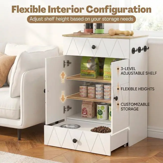 Alt view image 3 of 7 - Dog Feeding Station with Storage Cabinet, Hidden Pull-Out Elevated Dog Bowls, Stainless Steel Feeding Drawer, Adjustable Shelves & Hooks, Modern Pet Food Storage Organizer for Dogs (White)