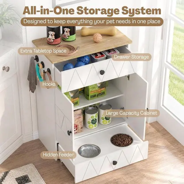 Alt view image 2 of 7 - Dog Feeding Station with Storage Cabinet, Hidden Pull-Out Elevated Dog Bowls, Stainless Steel Feeding Drawer, Adjustable Shelves & Hooks, Modern Pet Food Storage Organizer for Dogs (White)