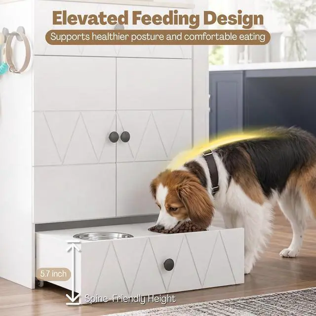 Alt view image 4 of 7 - Dog Feeding Station with Storage Cabinet, Hidden Pull-Out Elevated Dog Bowls, Stainless Steel Feeding Drawer, Adjustable Shelves & Hooks, Modern Pet Food Storage Organizer for Dogs (White)