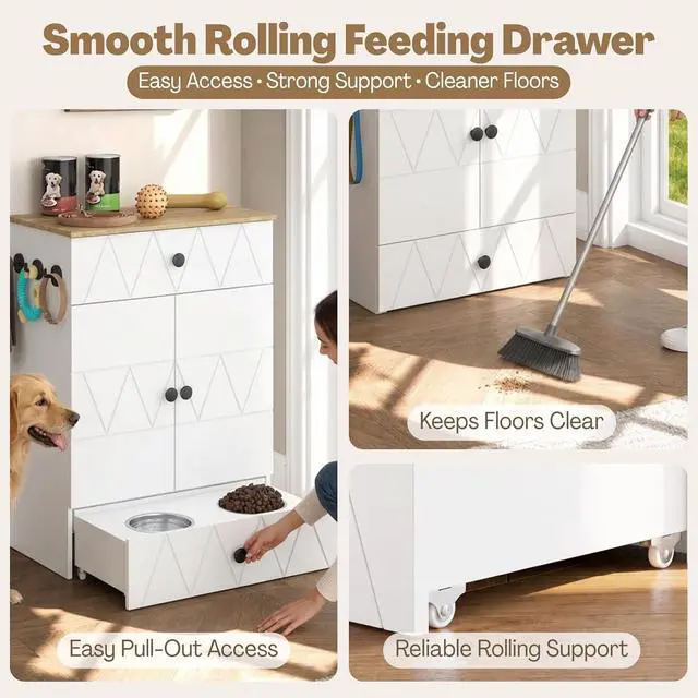 Alt view image 5 of 7 - Dog Feeding Station with Storage Cabinet, Hidden Pull-Out Elevated Dog Bowls, Stainless Steel Feeding Drawer, Adjustable Shelves & Hooks, Modern Pet Food Storage Organizer for Dogs (White)