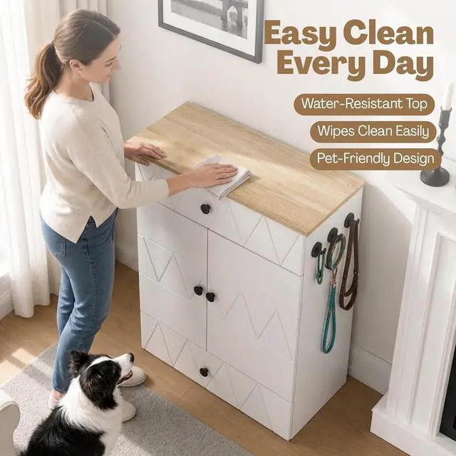 Alt view image 6 of 7 - Dog Feeding Station with Storage Cabinet, Hidden Pull-Out Elevated Dog Bowls, Stainless Steel Feeding Drawer, Adjustable Shelves & Hooks, Modern Pet Food Storage Organizer for Dogs (White)