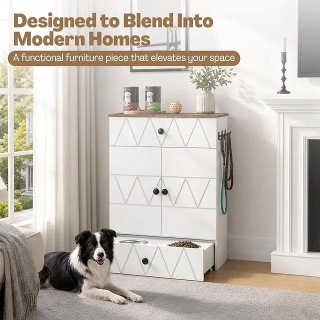 Alt view image 7 of 7 - Dog Feeding Station with Storage Cabinet, Hidden Pull-Out Elevated Dog Bowls, Stainless Steel Feeding Drawer, Adjustable Shelves & Hooks, Modern Pet Food Storage Organizer for Dogs (White)