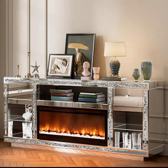 Alt view image 3 of 7 - Mirrored TV Stand with Fireplace for 70 Inch TVs, Silver Fireplace Entertainment Center with LED, Electric Fireplace Modern Media Console with Drawers for Living Room, Bedroom