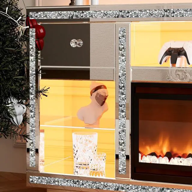 Alt view image 6 of 7 - Mirrored TV Stand with Fireplace for 70 Inch TVs, Silver Fireplace Entertainment Center with LED, Electric Fireplace Modern Media Console with Drawers for Living Room, Bedroom