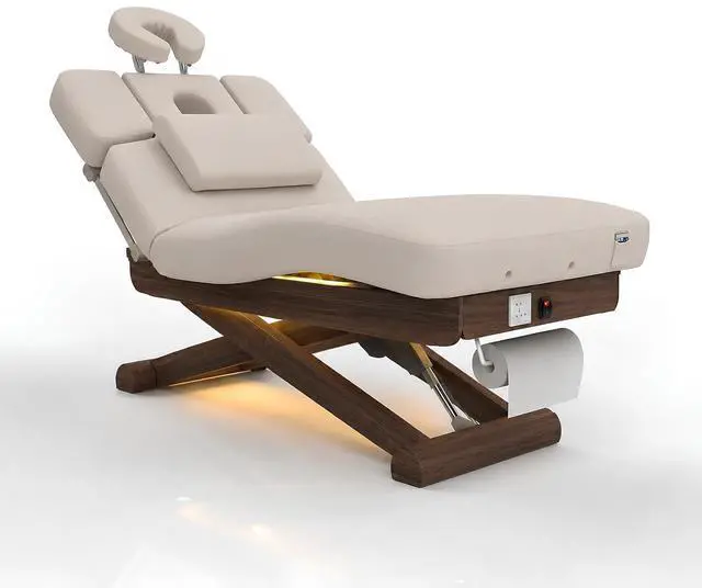 Main image of Electric Massage Table Esthetician Bed for Spa & Treatment (Beige) | 3 Motors Height Adjustable, Solid Wood Frame, Adjustable Backrest & Leg Rest, Soft Thick Cushion, Dual-End Face Cradle Design