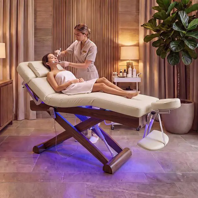 Alt view image 2 of 7 - Electric Massage Table Esthetician Bed for Spa & Treatment (Beige) | 3 Motors Height Adjustable, Solid Wood Frame, Adjustable Backrest & Leg Rest, Soft Thick Cushion, Dual-End Face Cradle Design