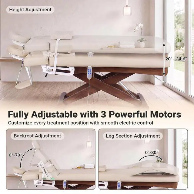 Alt view image 4 of 7 - Electric Massage Table Esthetician Bed for Spa & Treatment (Beige) | 3 Motors Height Adjustable, Solid Wood Frame, Adjustable Backrest & Leg Rest, Soft Thick Cushion, Dual-End Face Cradle Design