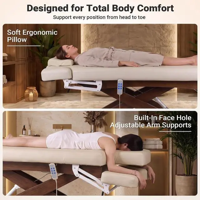 Alt view image 5 of 7 - Electric Massage Table Esthetician Bed for Spa & Treatment (Beige) | 3 Motors Height Adjustable, Solid Wood Frame, Adjustable Backrest & Leg Rest, Soft Thick Cushion, Dual-End Face Cradle Design