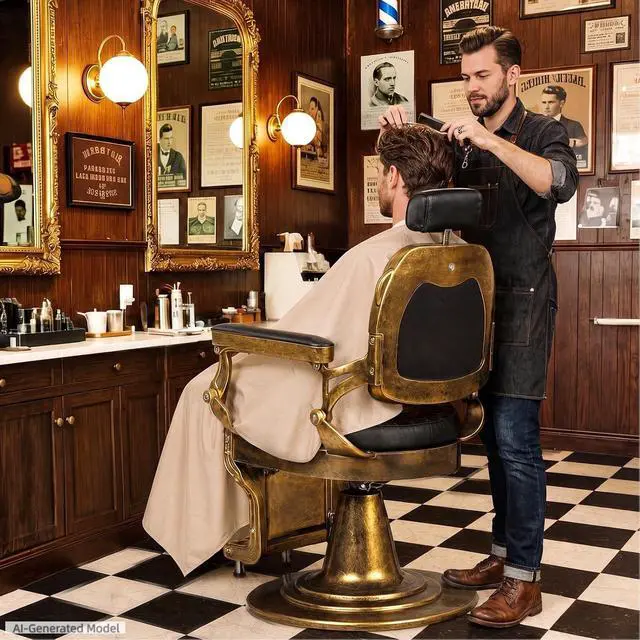 Alt view image 2 of 7 - Vintage Barber Chair, Reclining Salon Chairs for Hair Stylist (Gold) | All Purpose Barber Chair, Professional Hairdresser Styling Chair, 360° Swivel, Height Adjustable, Heavy Duty Hydraulic Pump