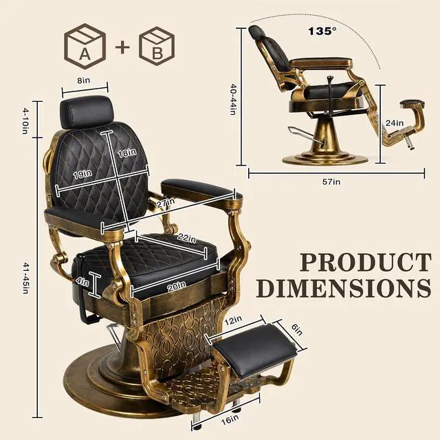 Alt view image 3 of 7 - Vintage Barber Chair, Reclining Salon Chairs for Hair Stylist (Gold) | All Purpose Barber Chair, Professional Hairdresser Styling Chair, 360° Swivel, Height Adjustable, Heavy Duty Hydraulic Pump