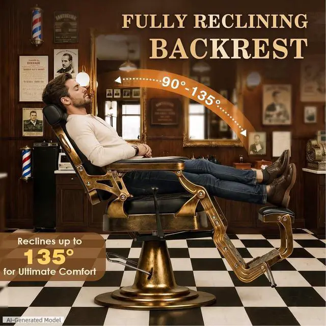 Alt view image 4 of 7 - Vintage Barber Chair, Reclining Salon Chairs for Hair Stylist (Gold) | All Purpose Barber Chair, Professional Hairdresser Styling Chair, 360° Swivel, Height Adjustable, Heavy Duty Hydraulic Pump