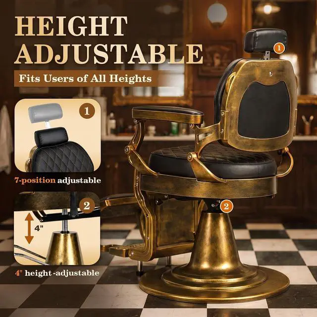 Alt view image 5 of 7 - Vintage Barber Chair, Reclining Salon Chairs for Hair Stylist (Gold) | All Purpose Barber Chair, Professional Hairdresser Styling Chair, 360° Swivel, Height Adjustable, Heavy Duty Hydraulic Pump
