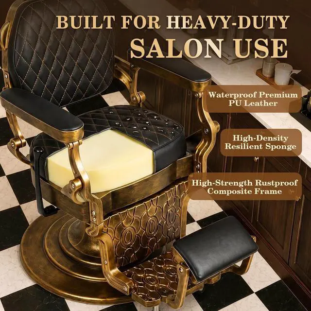 Alt view image 7 of 7 - Vintage Barber Chair, Reclining Salon Chairs for Hair Stylist (Gold) | All Purpose Barber Chair, Professional Hairdresser Styling Chair, 360° Swivel, Height Adjustable, Heavy Duty Hydraulic Pump
