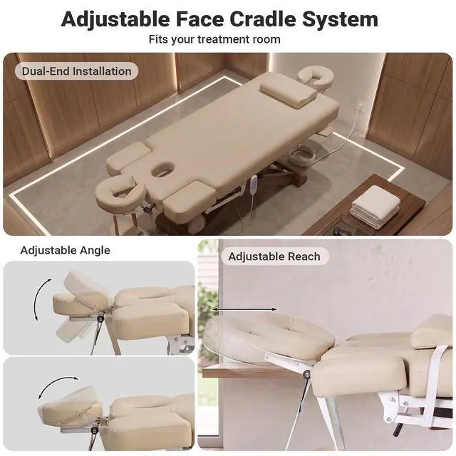 Alt view image 6 of 7 - Electric Massage Table Esthetician Bed for Spa & Treatment (Beige) | 3 Motors Height Adjustable, Solid Wood Frame, Adjustable Backrest & Leg Rest, Soft Thick Cushion, Dual-End Face Cradle Design