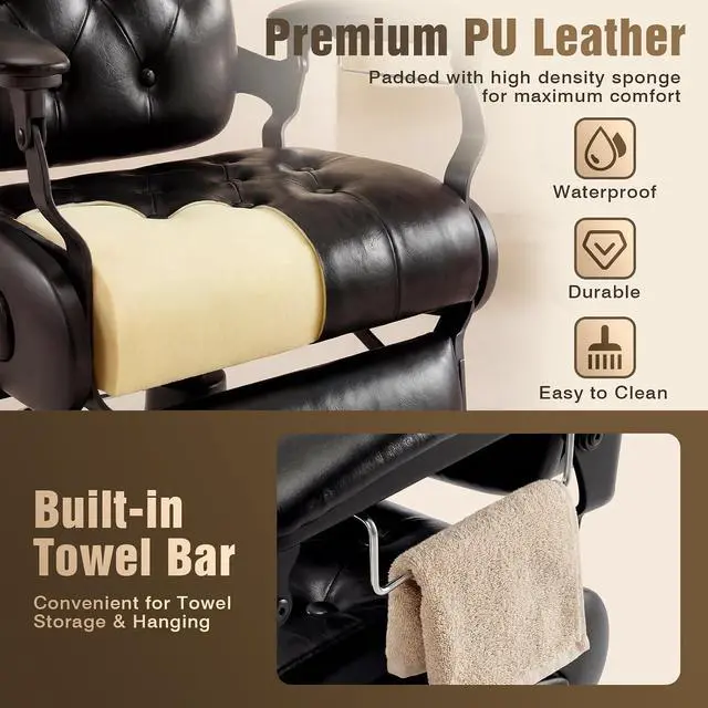 Alt view image 7 of 7 - Barber Chair, Heavy Duty Vintage Recline Hydraulic Barber Chair with Towel Bar, 360° Swivel All Purpose Professional Salon Chair Barber Shop Beauty Salon Tattoo Parlor Shampoo Equipment, Black