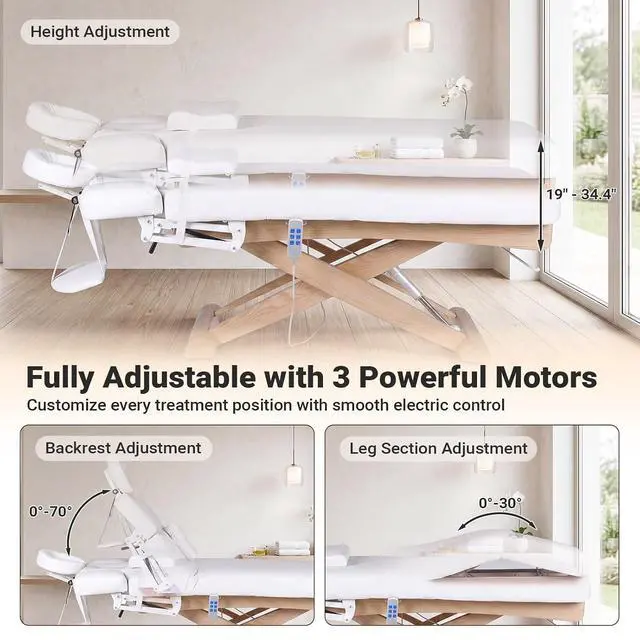 Alt view image 4 of 7 - Electric Massage Table Esthetician Bed for Spa & Treatment (White) | 3 Motors Height Adjustable, Solid Wood Frame, Adjustable Backrest & Leg Rest, Soft Thick Cushion, Dual-End Face Cradle Design