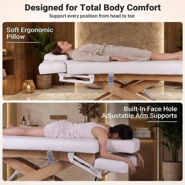Alt view image 5 of 7 - Electric Massage Table Esthetician Bed for Spa & Treatment (White) | 3 Motors Height Adjustable, Solid Wood Frame, Adjustable Backrest & Leg Rest, Soft Thick Cushion, Dual-End Face Cradle Design