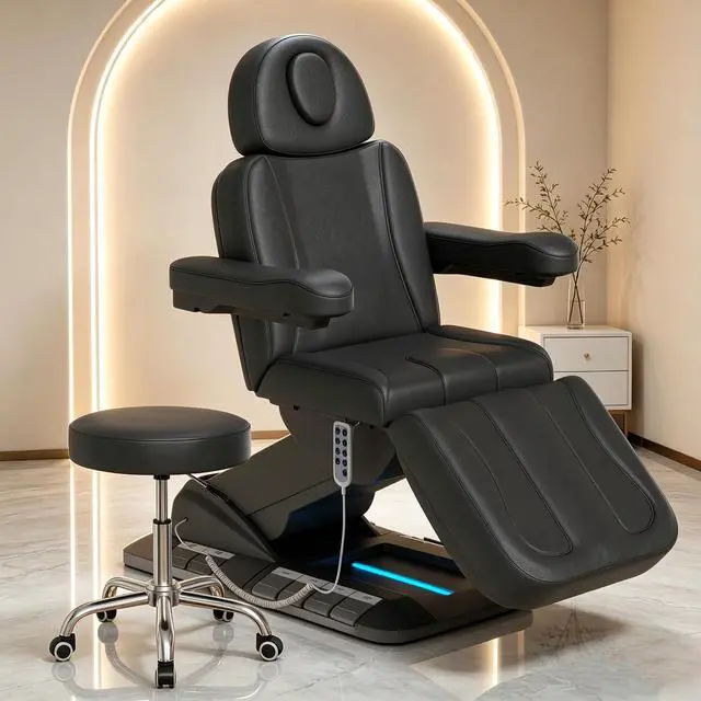 Main image of Fully Electric Massage Table, 3 Motor Adjustable Electric Esthetician Bed w/Dual-Side Foot Pedals, Handheld Remote & LED Light for Beauty Tattoo Spa Medical Treatment, Stool Included, Black