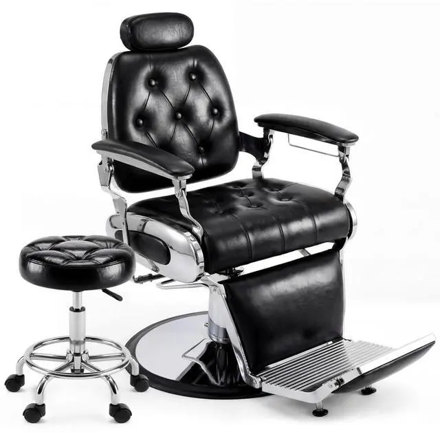 Main image of Barber Chair with Stool, Heavy Duty Vintage Recline Hydraulic Barber Chair, 360° Swivel All Purpose Professional Salon Chair Barber Shop Beauty Salon Shampoo Equipment, Black and Silver