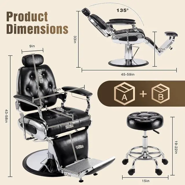 Alt view image 3 of 7 - Barber Chair with Stool, Heavy Duty Vintage Recline Hydraulic Barber Chair, 360° Swivel All Purpose Professional Salon Chair Barber Shop Beauty Salon Shampoo Equipment, Black and Silver