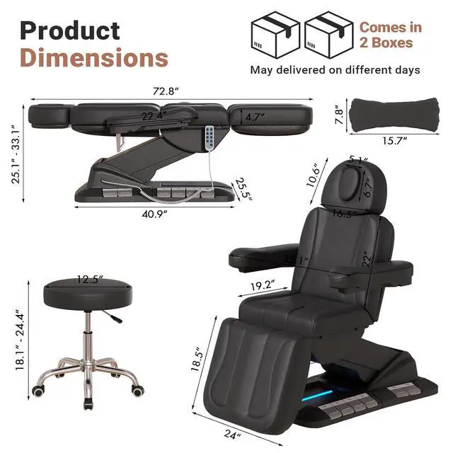 Alt view image 2 of 7 - Fully Electric Massage Table, 3 Motor Adjustable Electric Esthetician Bed w/Dual-Side Foot Pedals, Handheld Remote & LED Light for Beauty Tattoo Spa Medical Treatment, Stool Included, Black