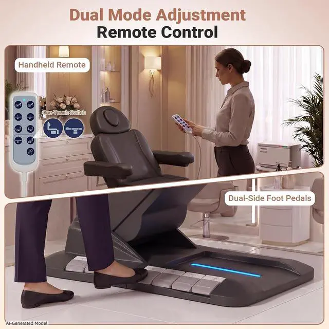 Alt view image 3 of 7 - Fully Electric Massage Table, 3 Motor Adjustable Electric Esthetician Bed w/Dual-Side Foot Pedals, Handheld Remote & LED Light for Beauty Tattoo Spa Medical Treatment, Stool Included, Black