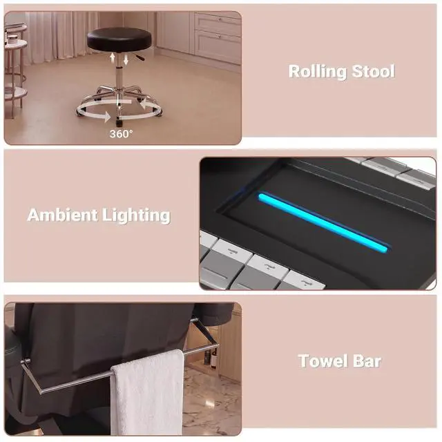 Alt view image 5 of 7 - Fully Electric Massage Table, 3 Motor Adjustable Electric Esthetician Bed w/Dual-Side Foot Pedals, Handheld Remote & LED Light for Beauty Tattoo Spa Medical Treatment, Stool Included, Black