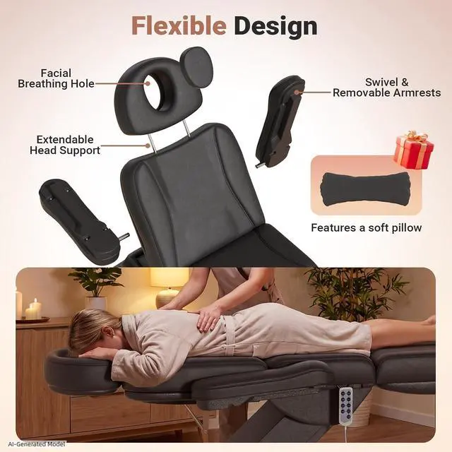 Alt view image 6 of 7 - Fully Electric Massage Table, 3 Motor Adjustable Electric Esthetician Bed w/Dual-Side Foot Pedals, Handheld Remote & LED Light for Beauty Tattoo Spa Medical Treatment, Stool Included, Black