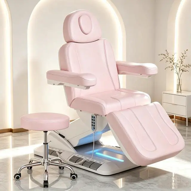 Main image of Fully Electric Massage Table, 3 Motor Adjustable Electric Esthetician Bed w/Dual-Side Foot Pedals, Handheld Remote & LED Light for Beauty Tattoo Spa Medical Treatment, Stool Included, Pink