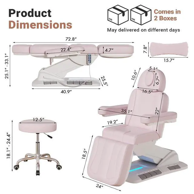 Alt view image 2 of 7 - Fully Electric Massage Table, 3 Motor Adjustable Electric Esthetician Bed w/Dual-Side Foot Pedals, Handheld Remote & LED Light for Beauty Tattoo Spa Medical Treatment, Stool Included, Pink