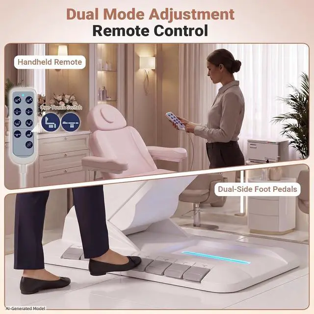 Alt view image 3 of 7 - Fully Electric Massage Table, 3 Motor Adjustable Electric Esthetician Bed w/Dual-Side Foot Pedals, Handheld Remote & LED Light for Beauty Tattoo Spa Medical Treatment, Stool Included, Pink
