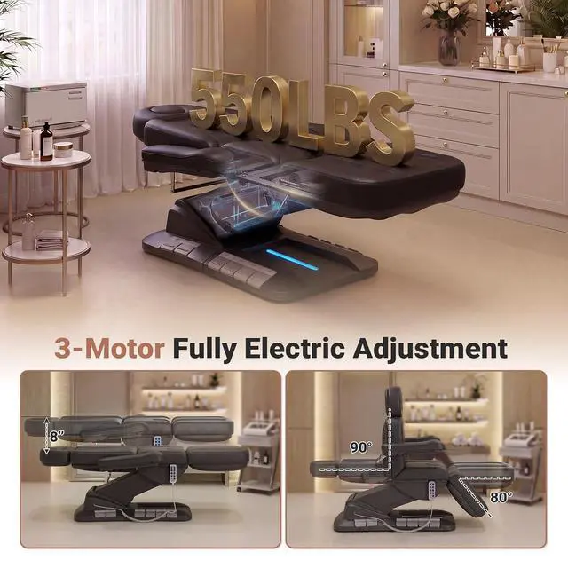 Alt view image 4 of 7 - Fully Electric Massage Table, 3 Motor Adjustable Electric Esthetician Bed w/Dual-Side Foot Pedals, Handheld Remote & LED Light for Beauty Tattoo Spa Medical Treatment, Stool Included, Black