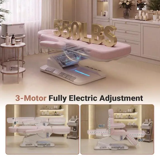 Alt view image 4 of 7 - Fully Electric Massage Table, 3 Motor Adjustable Electric Esthetician Bed w/Dual-Side Foot Pedals, Handheld Remote & LED Light for Beauty Tattoo Spa Medical Treatment, Stool Included, Pink