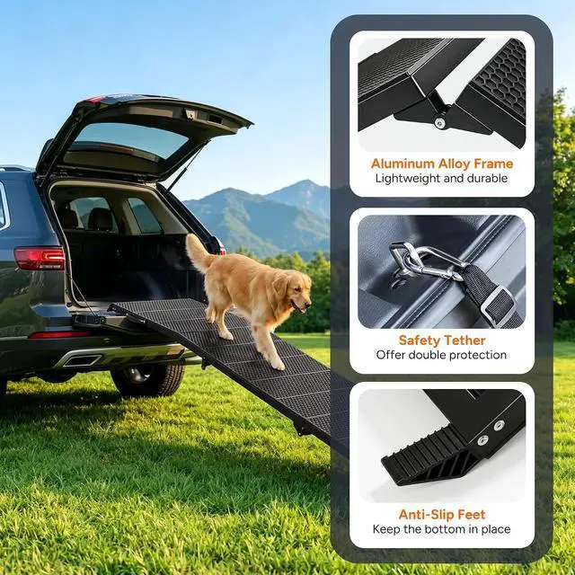 Alt view image 3 of 7 - Foldable Dog Ramp for Car, 71in Portable Ramp for Large Dogs | Extra Long and Wide Folding Pet Ramp with Non-Slip Surface, Collapsible Pet Stair Rams for SUV Car Truck, Holds Up to 350 Lbs