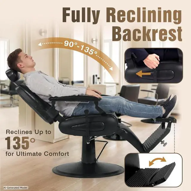 Alt view image 4 of 7 - Barber Chair, Heavy Duty Vintage Recline Hydraulic Barber Chair with Towel Bar, 360° Swivel All Purpose Professional Salon Chair Barber Shop Beauty Salon Tattoo Parlor Shampoo Equipment, Black
