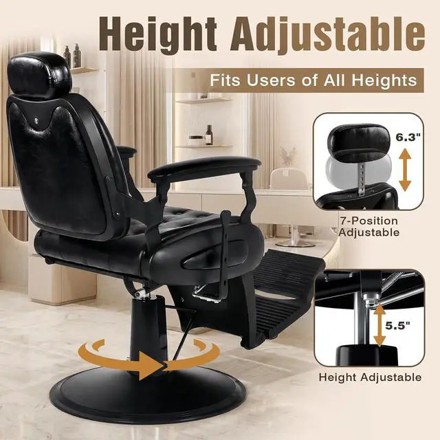 Alt view image 5 of 7 - Barber Chair, Heavy Duty Vintage Recline Hydraulic Barber Chair with Towel Bar, 360° Swivel All Purpose Professional Salon Chair Barber Shop Beauty Salon Tattoo Parlor Shampoo Equipment, Black
