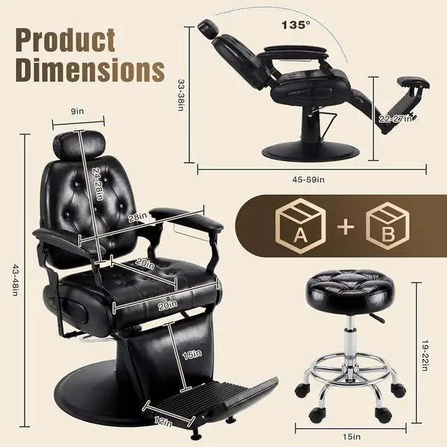 Alt view image 3 of 7 - Barber Chair with Stool, Heavy Duty Vintage Recline Hydraulic Barber Chair with Towel Bar, 360° Swivel All Purpose Professional Salon Chair Barber Shop Beauty Salon Shampoo Equipment, Black