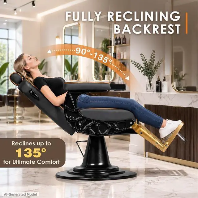 Alt view image 4 of 7 - Barber Chair for Barbershop, Vintage Reclining Salon Chair (Gold) | Heavy Duty All Purpose, Professional Spa Chair, Footrest & Headrest, 360° Swivel, Height Adjustable, Tattoo & Beauty Salons