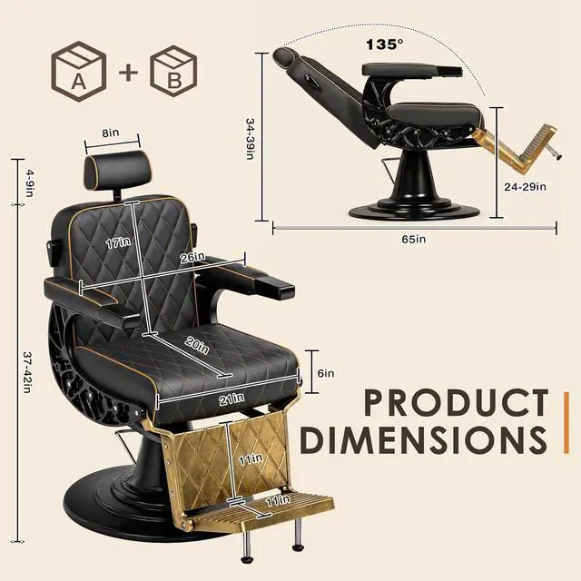 Alt view image 3 of 7 - Barber Chair for Barbershop, Vintage Reclining Salon Chair (Gold) | Heavy Duty All Purpose, Professional Spa Chair, Footrest & Headrest, 360° Swivel, Height Adjustable, Tattoo & Beauty Salons