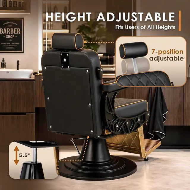 Alt view image 5 of 7 - Barber Chair for Barbershop, Vintage Reclining Salon Chair (Gold) | Heavy Duty All Purpose, Professional Spa Chair, Footrest & Headrest, 360° Swivel, Height Adjustable, Tattoo & Beauty Salons