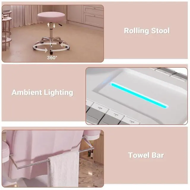 Alt view image 5 of 7 - Fully Electric Massage Table, 3 Motor Adjustable Electric Esthetician Bed w/Dual-Side Foot Pedals, Handheld Remote & LED Light for Beauty Tattoo Spa Medical Treatment, Stool Included, Pink