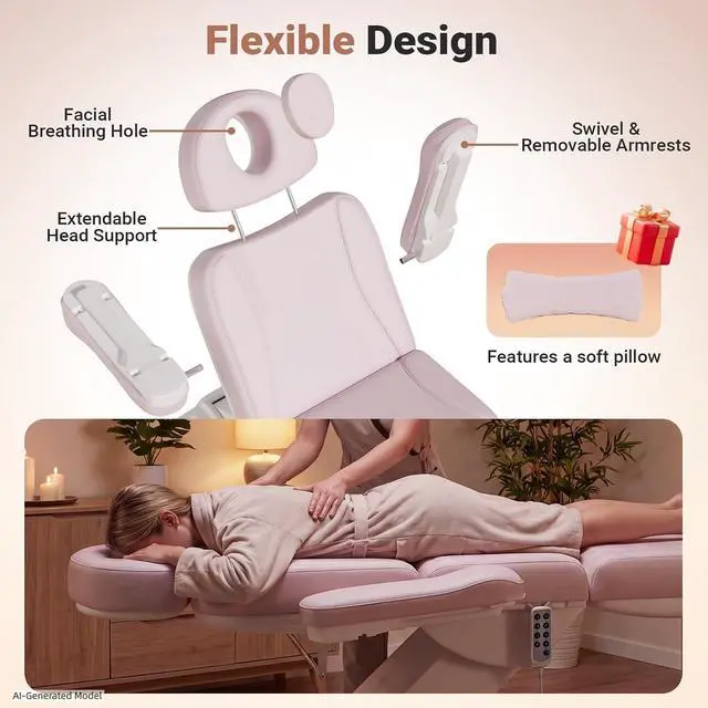 Alt view image 6 of 7 - Fully Electric Massage Table, 3 Motor Adjustable Electric Esthetician Bed w/Dual-Side Foot Pedals, Handheld Remote & LED Light for Beauty Tattoo Spa Medical Treatment, Stool Included, Pink