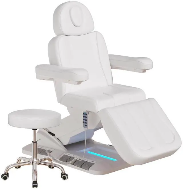 Main image of Electric Massage Table, 3 Motor Fully Adjustable with Stool (White) | Electric Esthetician Bed with Dual-Side Foot Pedals, Handheld Remote & LED Light for Beauty Tattoo Spa Medical Treatment