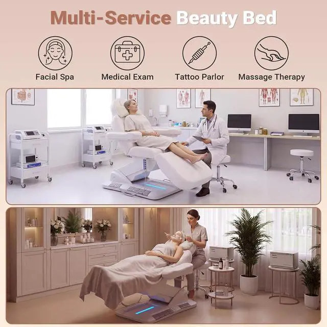 Alt view image 7 of 7 - Electric Massage Table, 3 Motor Fully Adjustable with Stool (White) | Electric Esthetician Bed with Dual-Side Foot Pedals, Handheld Remote & LED Light for Beauty Tattoo Spa Medical Treatment