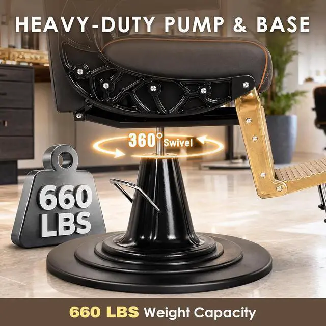 Alt view image 6 of 7 - Barber Chair for Barbershop, Vintage Reclining Salon Chair (Gold) | Heavy Duty All Purpose, Professional Spa Chair, Footrest & Headrest, 360° Swivel, Height Adjustable, Tattoo & Beauty Salons