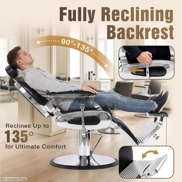 Alt view image 4 of 7 - Barber Chair with Stool, Heavy Duty Vintage Recline Hydraulic Barber Chair, 360° Swivel All Purpose Professional Salon Chair Barber Shop Beauty Salon Shampoo Equipment, Black and Silver